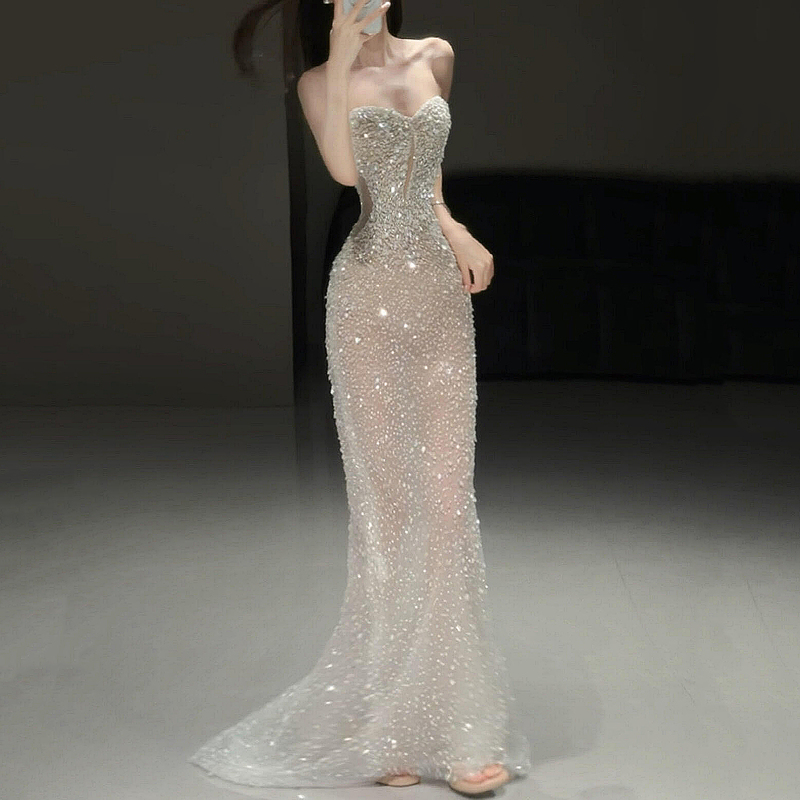 Strapless Engagement Evening Dress for Women, High-End Sparkling Sequins, Fishtail, Elegant and Luxurious Bridal Toast Dress, Wedding Dress Strapless Engagement Evening Dress for Women, High-End Sparkling Sequins, Fishtail, Elegant and Luxurious Bridal Toast Dress, Wedding Dress