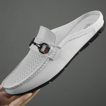 Summer Baotou Half slipper Male One foot pedal genuine leather Soft bottom Breathable Sloth without heel Bean Bean Shoes Men Casual Leather Shoes