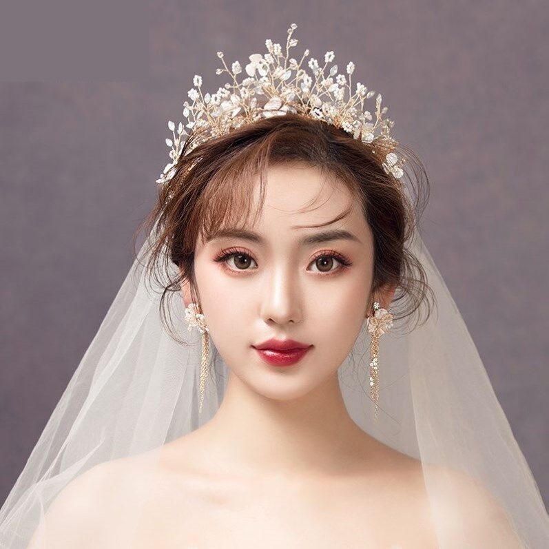 Crown Head Accessories Bridal Atmosphere Superior Sense 2021 New Head Yarn Bride Main Wedding Dress Crown Three Sets of Senology