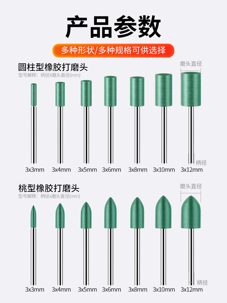 Large White Shark Rubber Grinding Head Cylindrical Peach-Shaped 3mm Shank Air Grinder Rubber Metal Wood Polishing Soft Grinding Head