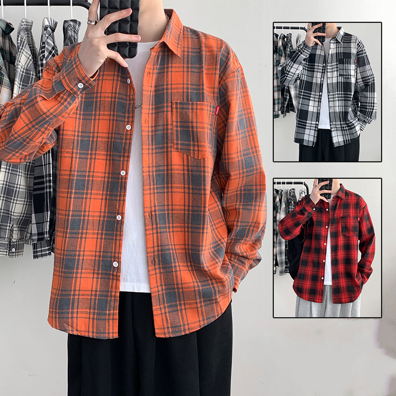 Orange Plaid Design Shirt for Men, Long-Sleeved, High-End, Handsome, American Retro, Sun-Protective Shirt, Early Autumn Men's Jacket
