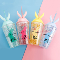 New Trendy Rabbit Ears Cartoon Cute Portable Double-layer Plastic Straw Cup Juice Cold Drink Summer Ice Cup