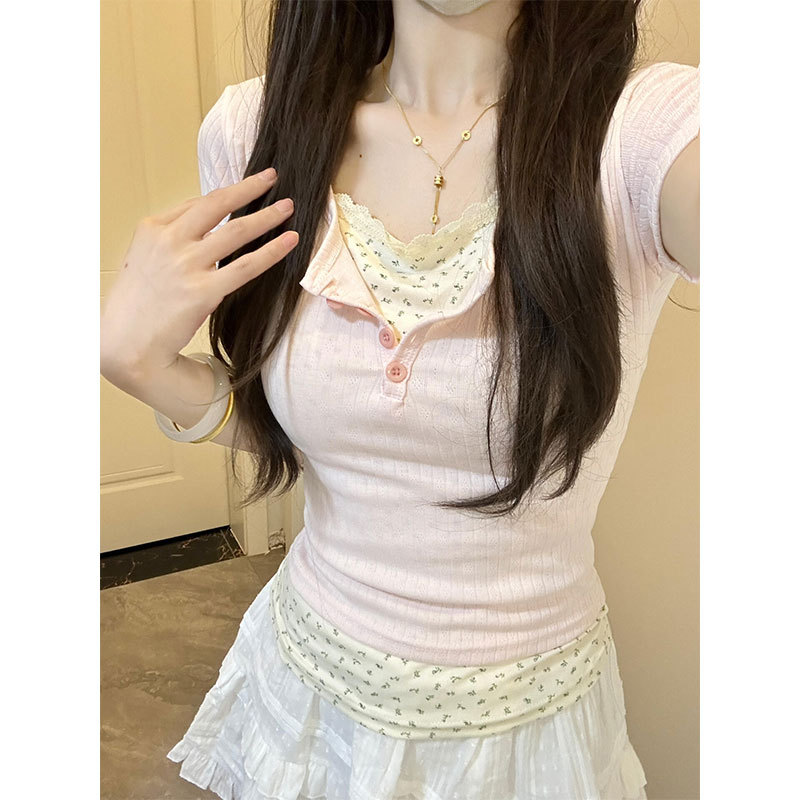 Pink Fake Two-Piece Floral Short-Sleeve T-Shirt for Women, Summer Bm Slim-Fit, Slimming, High-End, Elegant Short Top