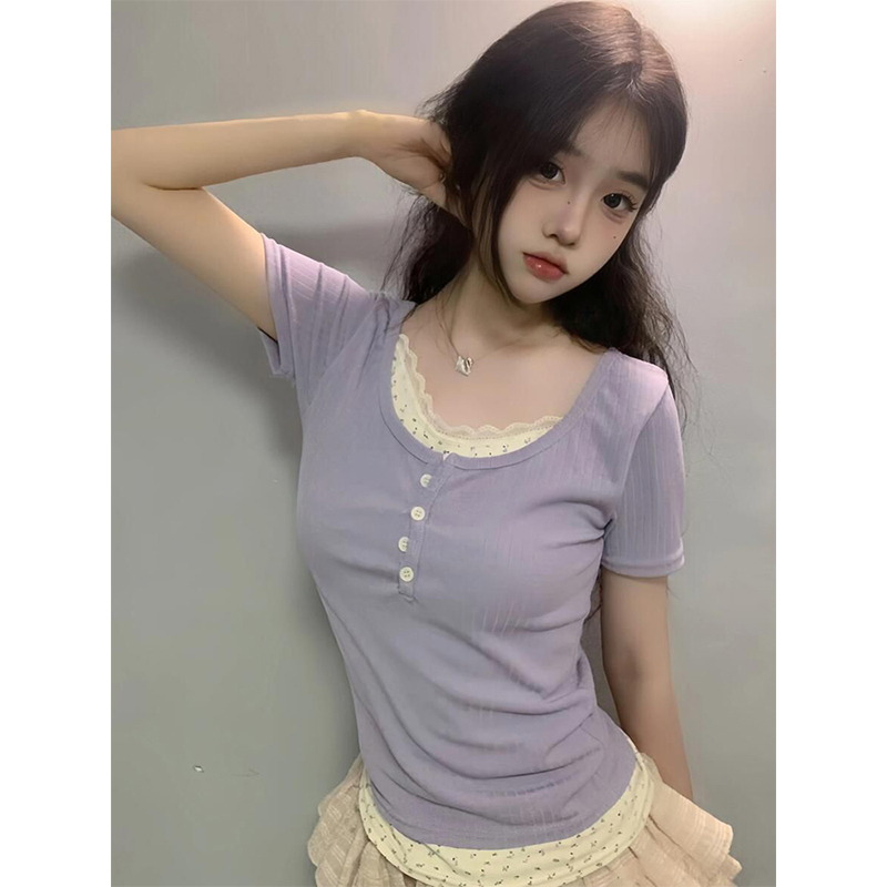 Purple Gentle Bm Style Fake Two-Piece Floral Short-Sleeve T-Shirt for Women, Summer Slim-Fit Petite Pure Desire Waist-Cinching Short Top