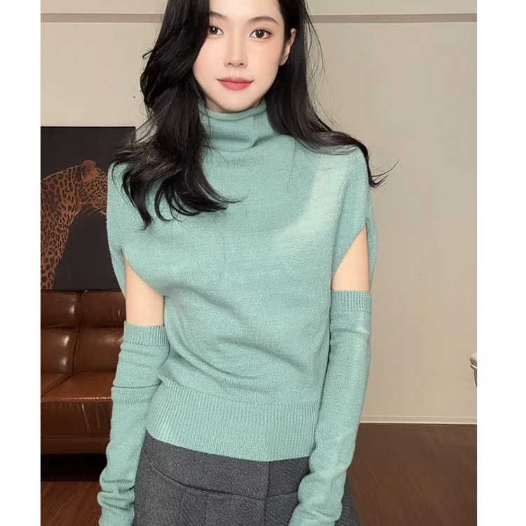 Korean-Style Mint Green Half-High Collar Batwing Sleeve Knit Sweater for Women, Autumn and Winter Design, Casual Sweater, Inner Layer Top