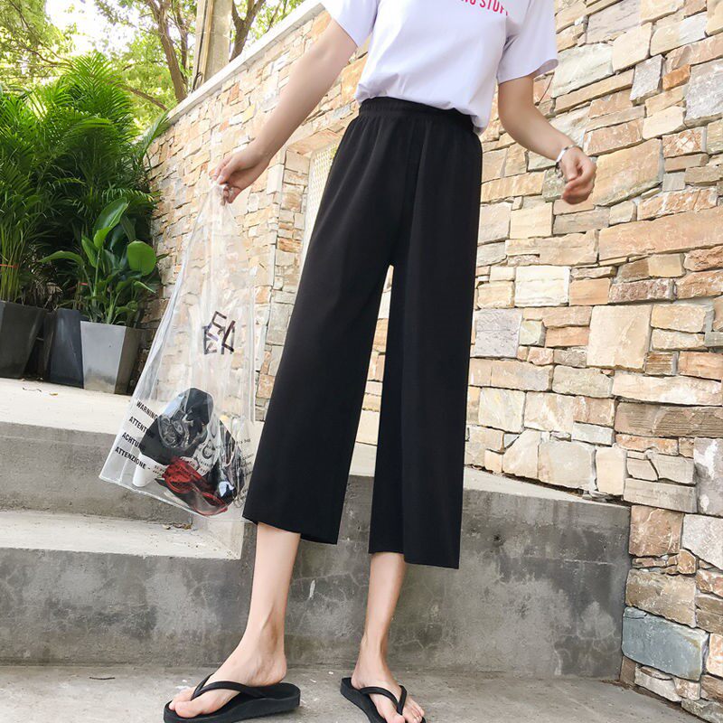 Cool fabric summer women's cool ice silk cropped pants female summer students Korean version of loose straight-leg pants high-waisted wide-legged