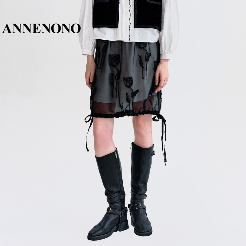 Annenono 2026 Autumn New Style Two-Piece Sheer Mesh Layered Skirt Women's Embroidered Drawstring Short Skirt
