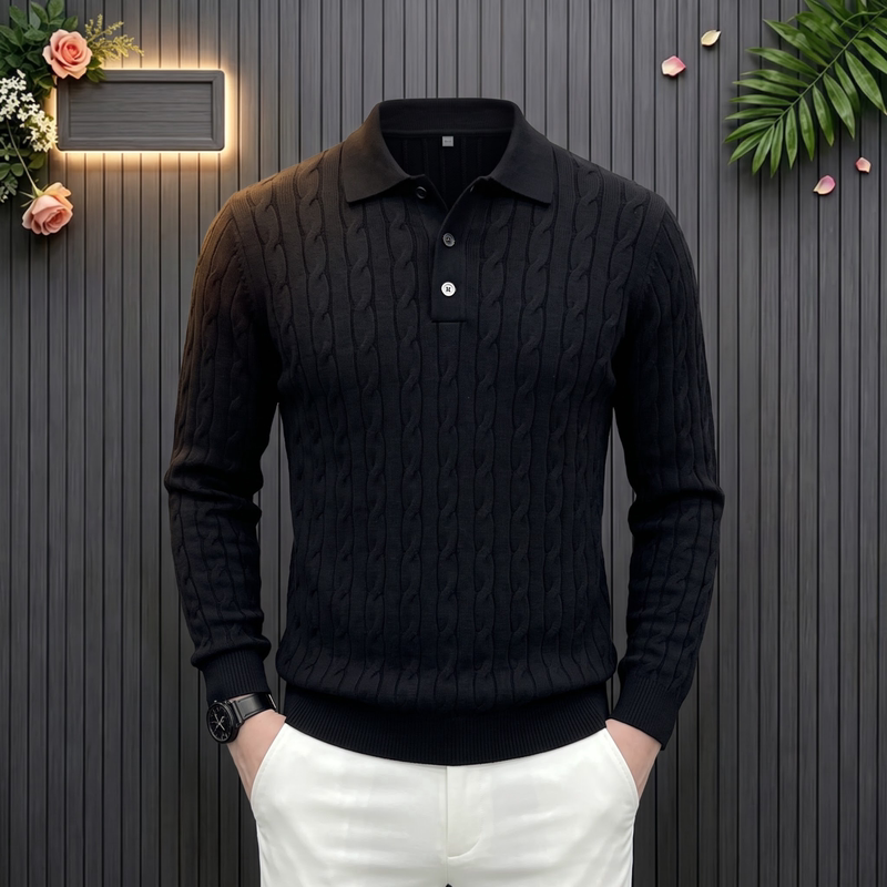 American-Style Black Cotton Cable-Knit Polo Collar Sweater for Men, Loose and Stylish Casual Knit Base Shirt for Autumn and Winter American-Style Black Cotton Cable-Knit Polo Collar Sweater for Men, Loose and Stylish Casual Knit Base Shirt for Autumn and Winter