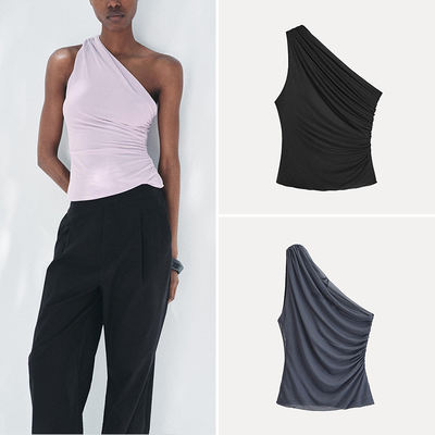 Cabinet 199! Spring 2025 new women's clothing with European and American style pleated decoration, slimming and asymmetrical top 5644207