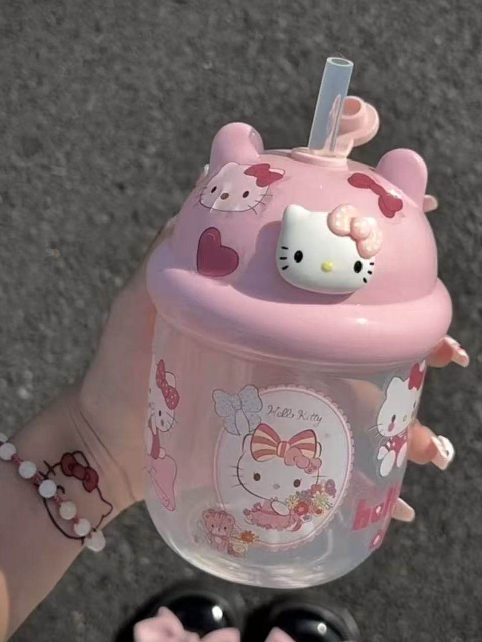 Summer Kt New Model High-Value Cute Portable Water Bottle for Girls, Children, and Students with Straw, Plastic Cup