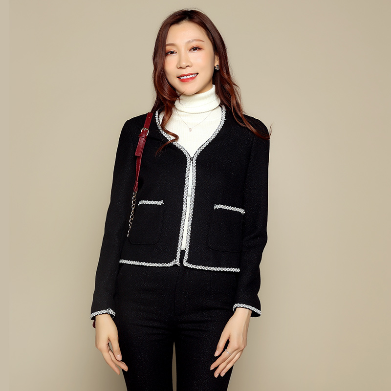 Velvet jasmine woolen women's short coat light luxury elegant hand-beaded herringbone pattern suit pencil pants two-piece set