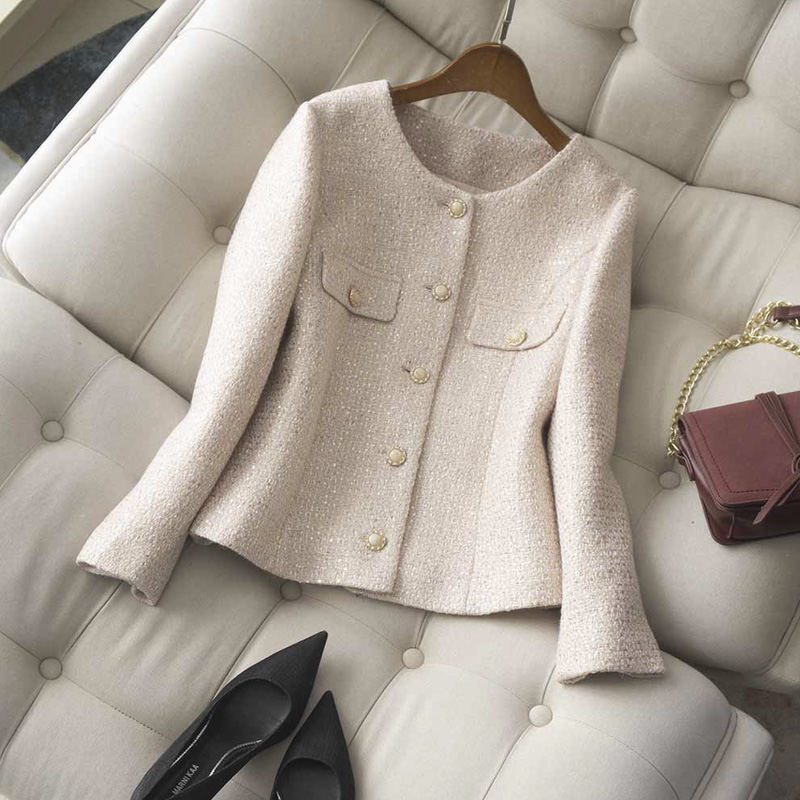 Velvet Jasmine Elegant Lady Temperament Sequined Tweed Scented Ladies Short Coat Fragrant Granny Wool Coat