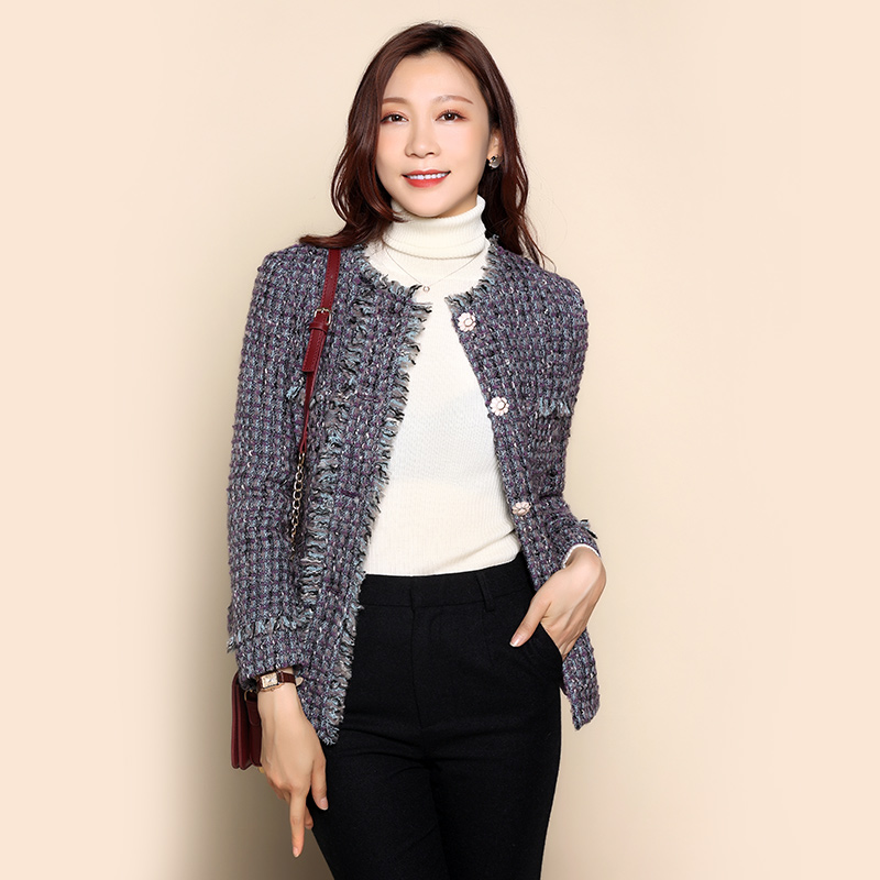 Velvet jasmine 2021 autumn new women's short coat light luxury smoky purple clip flower tweed wool fragrance coat