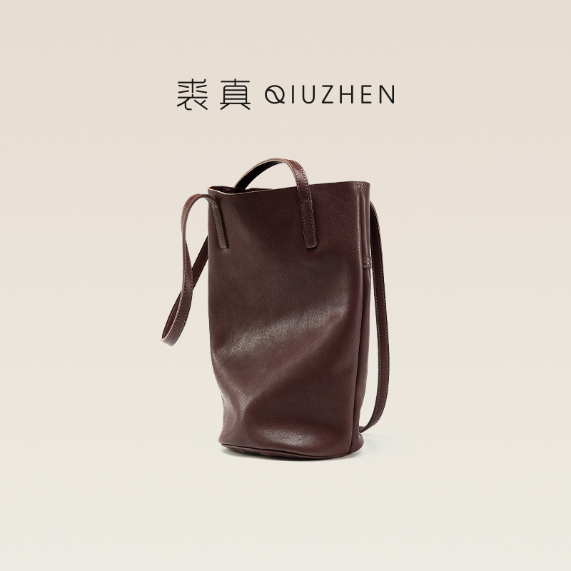 Qiu Zhen lazy bucket bag leather shoulder bag retro niche soft leather women's bag commuting first layer vegetable tanned cowhide bag