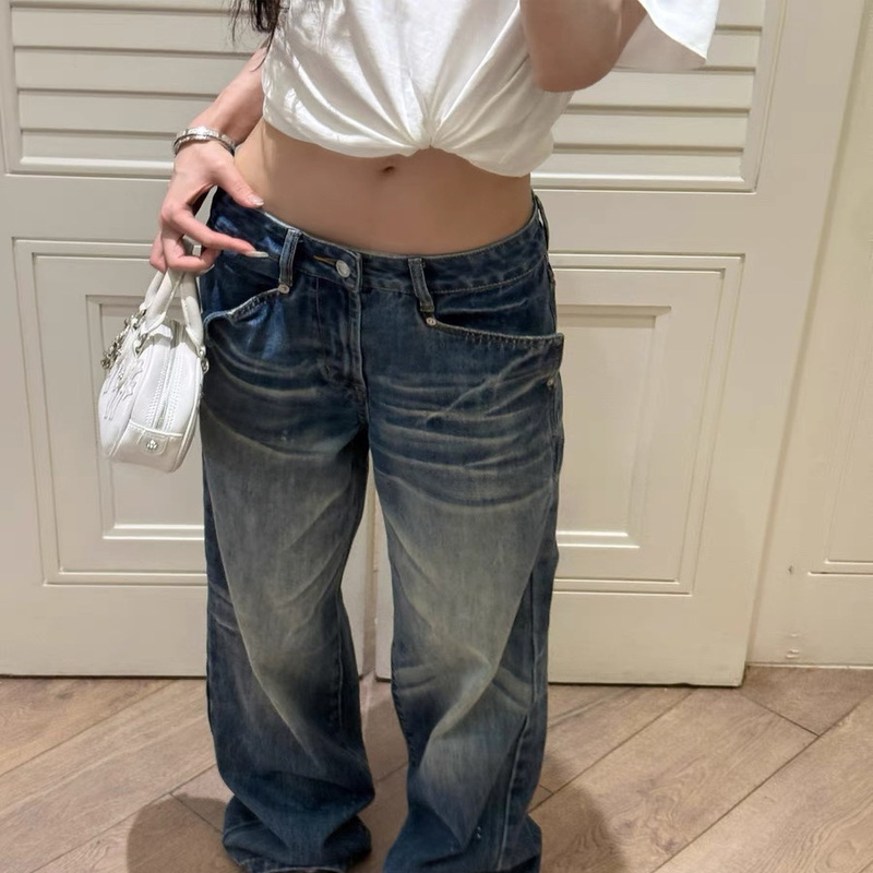 Jianhe Versatile Straight-Leg Low-Rise Jeans for Women, Faded Loose Vintage Blue Casual Pants