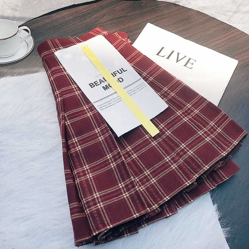 Red plaid skirt 2022 new woolen high waist plaid pleated skirt student Korean version of the college a-line skirt