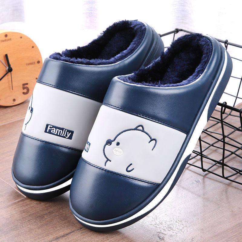Waterproof cotton slippers men's autumn and winter warm thick soled men and women home home fashion cartoon non-slip wool slippers women
