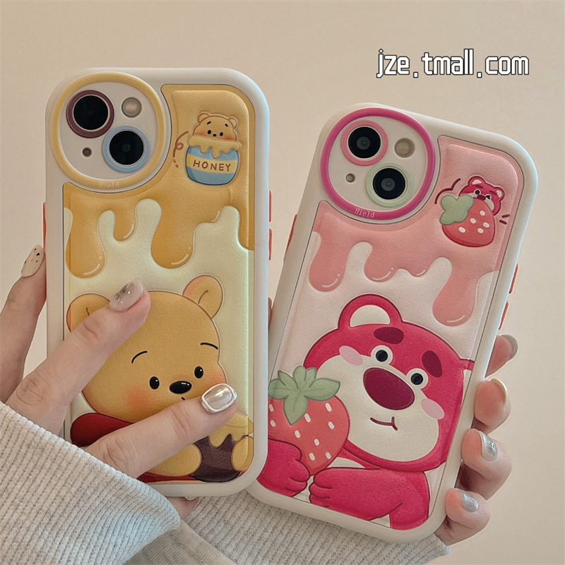 Cute Internet Celebrity Cartoon Bear Phone Case Suitable for Apple 14, Leather iPhone 16 Pro Max New Model, 12 Shockproof, 15 Pro Silicone, 13 for Women, 14 Pro Couple Style, Super Cute Niche Full-Cover Soft Case 17
