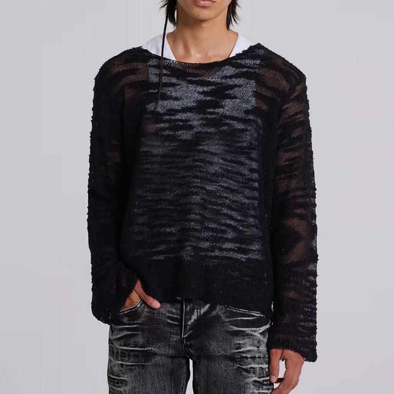 Cross-Border Amazon Autumn and Winter New Style Slightly See-Through Sexy European and American Men's Tops Round Neck Breathable Long-Sleeved T-Shirt Men's Clothing