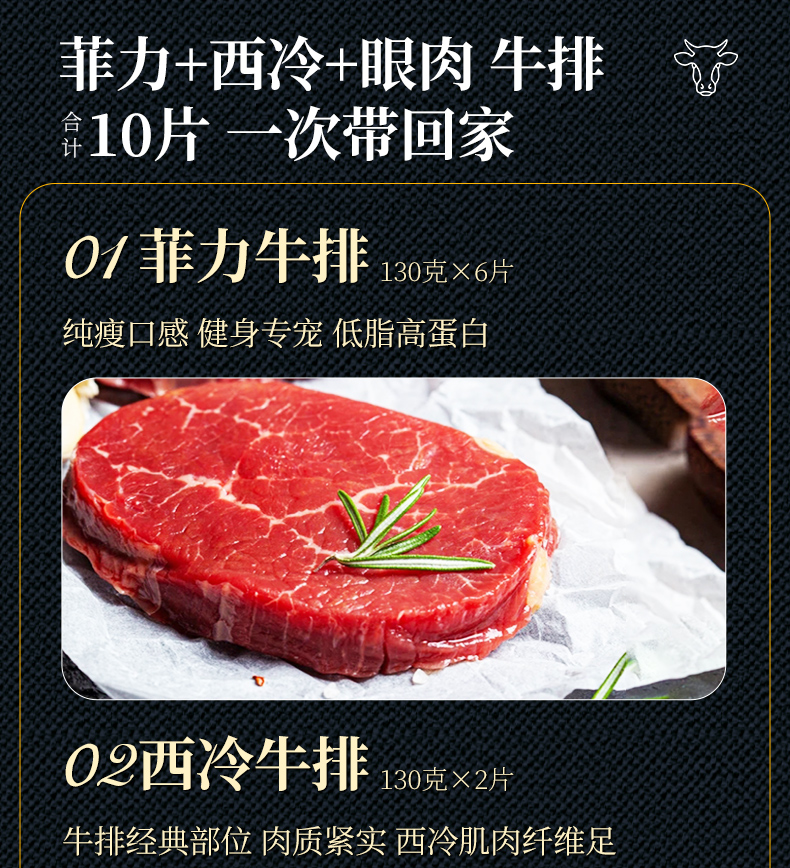 【晟月斋】牛排新鲜菲力眼肉西冷厚切10片