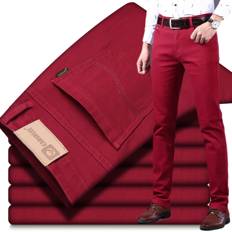 Stretchy Youth Jeans for Men, Straight-Leg, Loose-Fitting, Spring and Autumn, Korean Style, Trendy, Versatile, Slim-Fit, Casual Long Pants, Burgundy