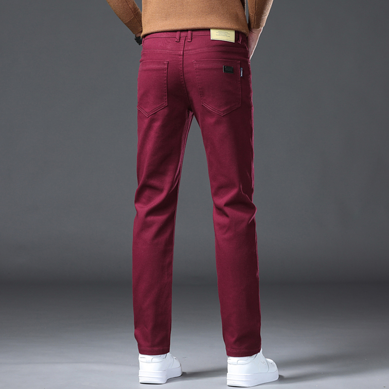 Spring and Autumn Men's Straight-Leg Slim-Fit Stretch Casual Jeans Versatile Comfortable Non-Tight Long Pants Burgundy