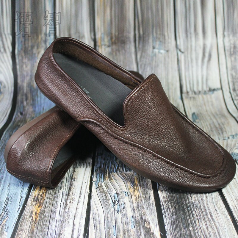 Soft leather beanie shoes men's leather 2022 new autumn slip-on toe layer cowhide men's casual leather shoes