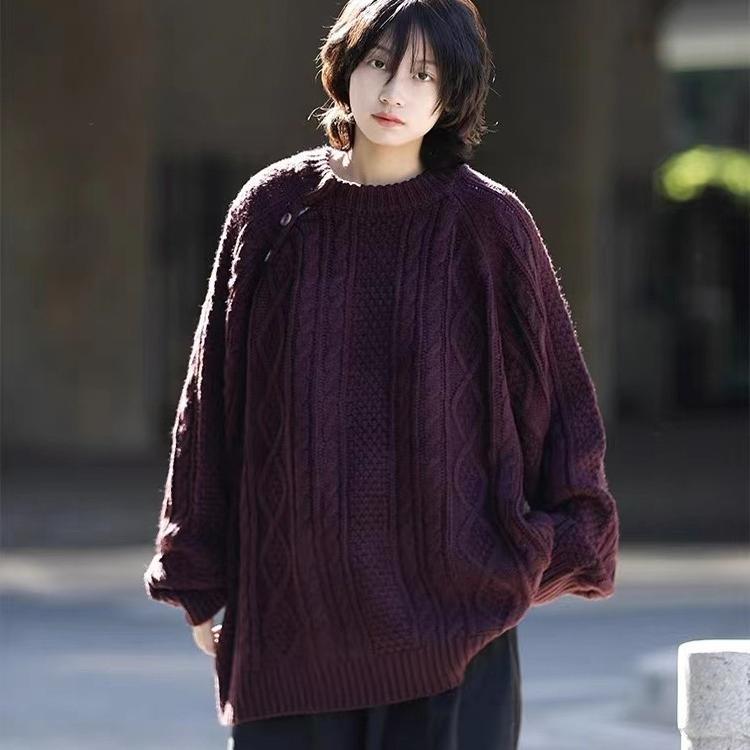 Autumn and Winter Side-Button Burgundy Sweater for the Year of Birth, Unisex Loose Cable Knit Lazy New Year Knitwear Trendy Autumn and Winter Side-Button Burgundy Sweater for the Year of Birth, Unisex Loose Cable Knit Lazy New Year Knitwear Trendy
