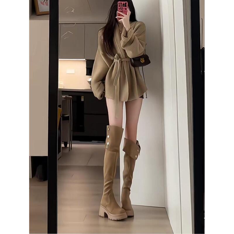 Autumn and Winter Melard Foldable Double-Strap Over-The-Knee Boots for Women, High-Heeled Boots with Thick Soles, High-Top Riding Boots