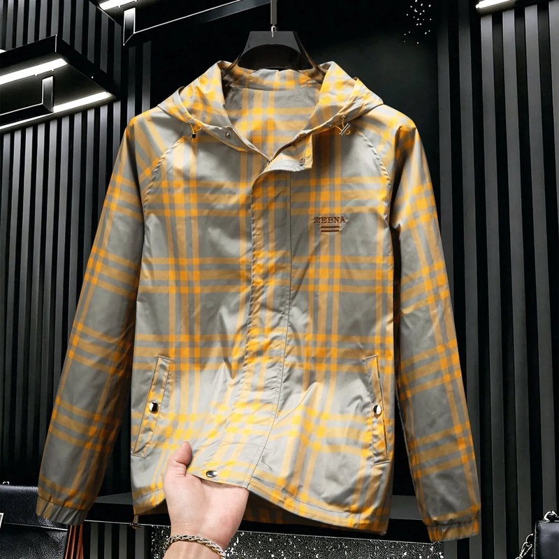   European Style Light Luxury Plaid Hooded Windbreaker for Men 2026 New Trendy Brand Color-Blocking Plaid Casual Windproof Jacket