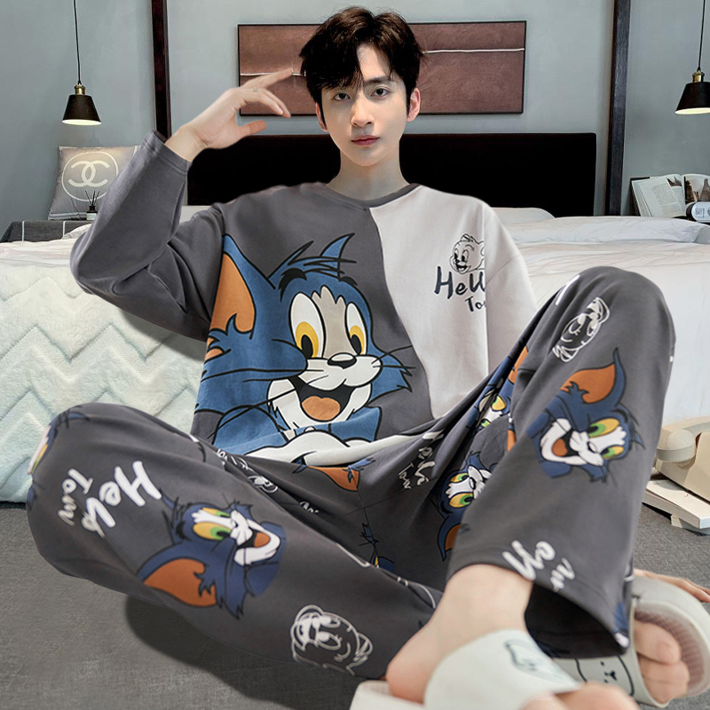 Men's Pure Cotton Pajamas, Spring and Autumn Thin Cotton Long-Sleeve, Suitable for All Seasons, for Children, Teenagers, and High School Students