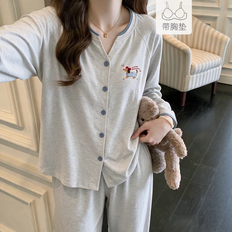 Korean-Style Gray Pure Cotton Pajamas for Women, Spring and Autumn, with Chest Pads, Long Sleeves, Long Pants, Cartoon Design, Can Be Worn Outside, Loungewear Set Korean-Style Gray Pure Cotton Pajamas for Women, Spring and Autumn, with Chest Pads, Long Sleeves, Long Pants, Cartoon Design, Can Be Worn Outside, Loungewear Set