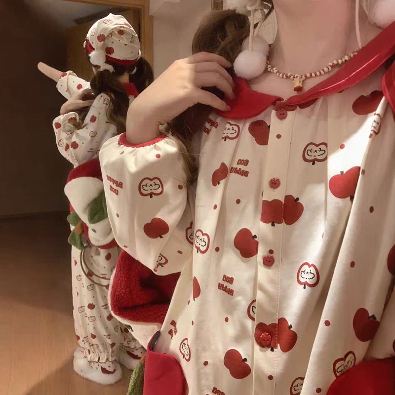 Cute Apple Pajamas for Women, Autumn and Winter New Style, Long-Sleeved Pants, Sweet Doll Collar, Girl's Home Wear Two-Piece Set