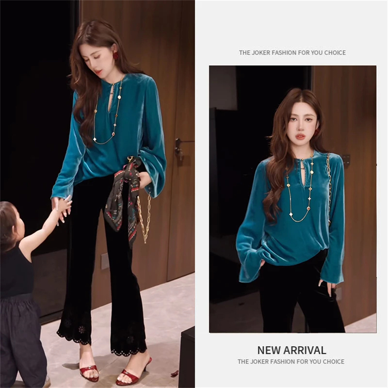 Autumn Outfit Set for Women, Vintage, Age-Reducing, Elegant Velvet Long-Sleeve Top, Slimming Flared Pants Two-Piece Set, Trendy Autumn Outfit Set for Women, Vintage, Age-Reducing, Elegant Velvet Long-Sleeve Top, Slimming Flared Pants Two-Piece Set, Trendy