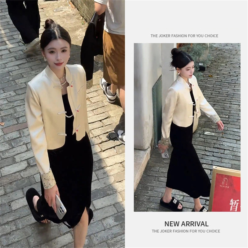 Spring Fashion, Lazy and Relaxed Style, Women's Chic and Elegant New Chinese Style Short Jacket and Dress Two-Piece Set