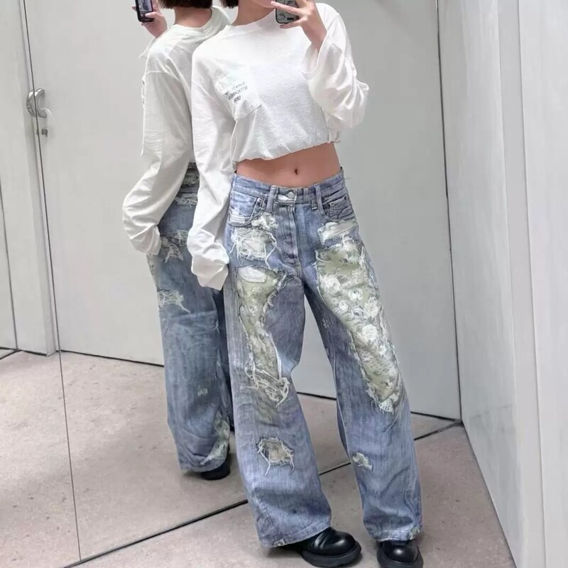 26Ss New Ac Style Printed Broken Rose Oil Painting Jeans, Versatile for Commuting, Distressed Wide-Leg Straight Pants