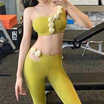 Yoga Vest With Chest Cushion Single Shoulder Inclined Shoulder Stereo Flower Sport Fitness Suit Harness High Waist Hollowed-out Long Pants Suit