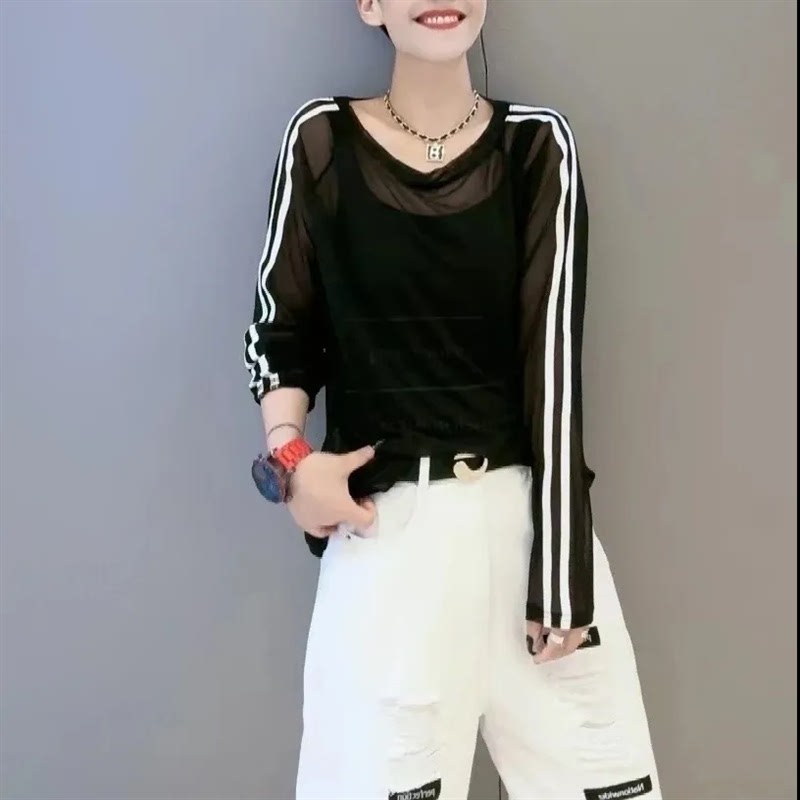 Slightly Sheer Mesh Two-Stripe T-Shirt for Women, Korean Style, Fashionable, Sexy, Sun-Protective Cover-Up, Versatile Long-Sleeve Summer Top