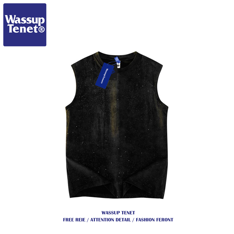 Wassup Tenet American-Style Washed Vintage Starry Pattern Vest for Men, Summer Trendy Brand Sleeveless Sports Top