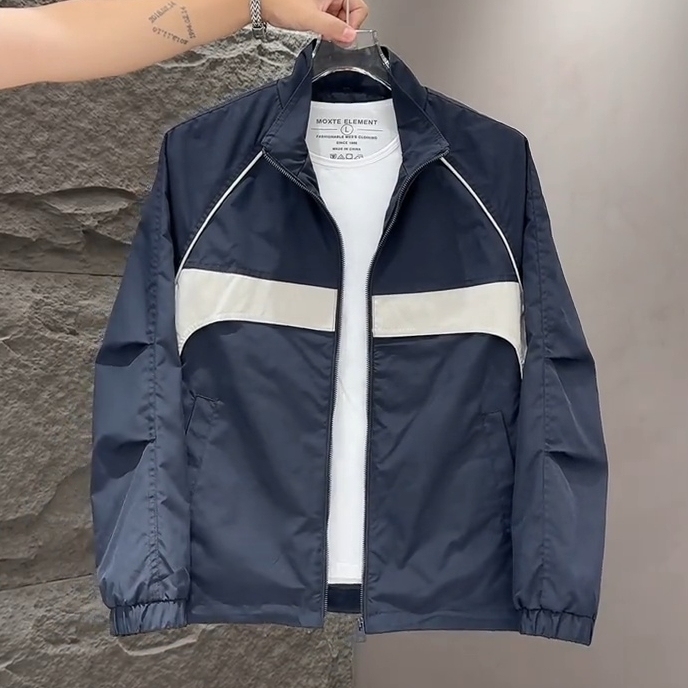 Spring Hot-Selling Trendy Patchwork Design Stand-Up Collar Jacket for Men, Stylish, Loose, Versatile, Casual Top Coat