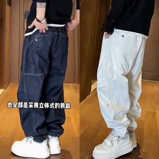 秋季新款潮牌痞帅束脚工装牛仔裤男设计感宽松时尚百搭休闲哈伦裤