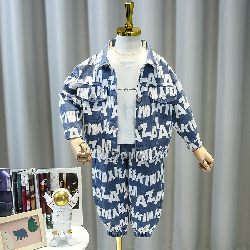 Boys spring denim suit 2022 new western style children's spring net red fried street handsome spring and autumn two-piece suit - Taobao