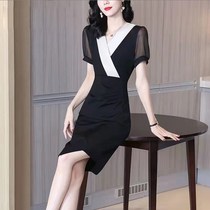 Jing Lie boutique woman dress with dress woman V collar hem irregular cashew temperament black bag hip skirt 1 step skirt 8094