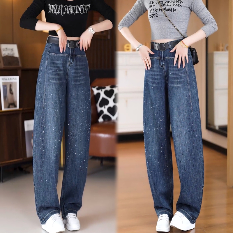 2026 Spring New Full Rhinestone Curved Knife Jeans for Women High Waist Slimming Versatile Wide-Leg Pants Loose Straight-Leg Pants