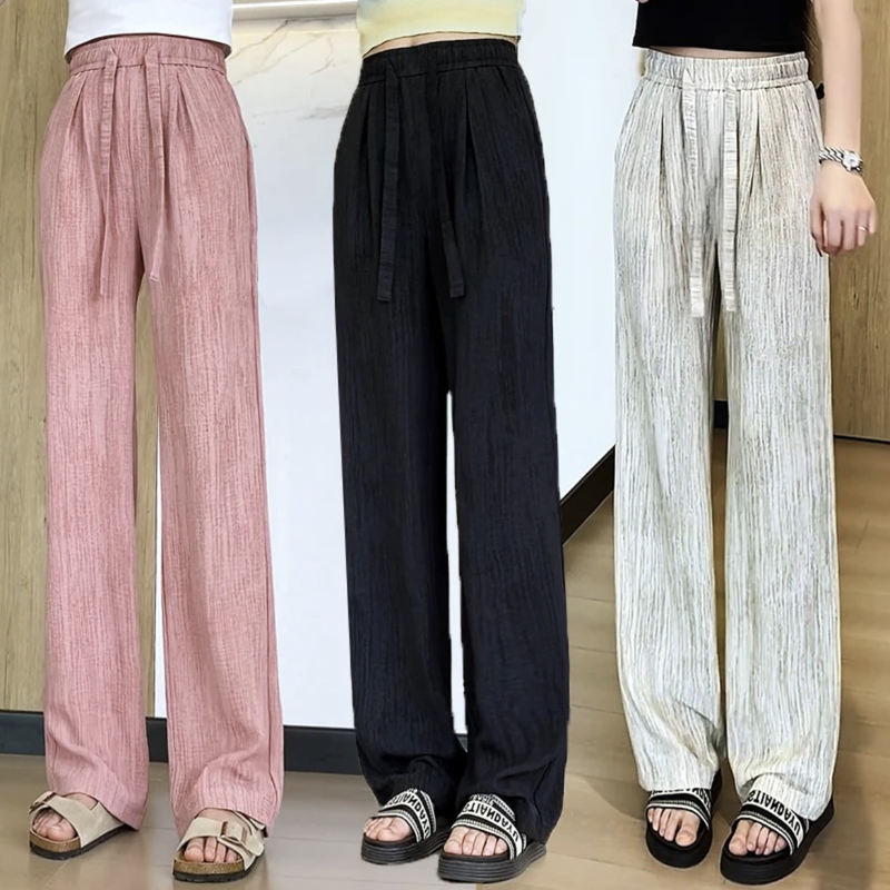 Tencel Cotton Linen Wide-Leg Pants for Women, Summer Thin High-Waisted Drapey Linen White Ice Silk Straight-Leg Lazy Floor-Length Pants