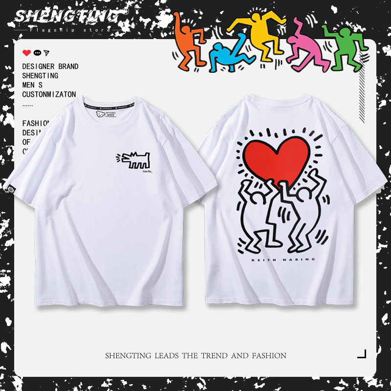 Keith Haring Keith Haring Joint Short-Sleeved T-Shirt for Men and Women Couple Wear Summer Pure Cotton Loose Half-Sleeved Trendy
