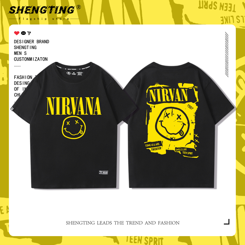 Nirvana Band Short-Sleeve T-Shirt for Men and Women, European and American Rock Smiley Face T-Shirt with Tongue Sticking Out, Street Style, Couple Outfit