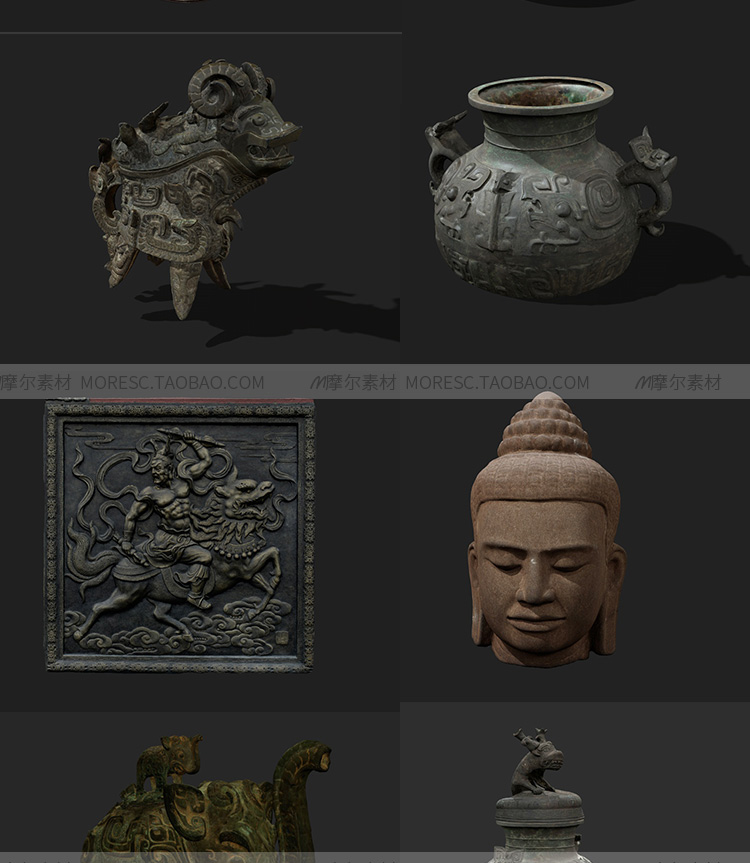图片[3]-C4D古代青铜器古玩鼎花瓶佛头麒麟浮雕fbx/obj模型素材-cg男孩