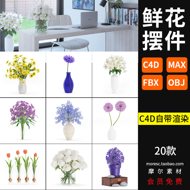 26款C4D/max/fbx/obj格式鲜花室内装饰花瓶花卉摆件模型素材MX249-cg男孩