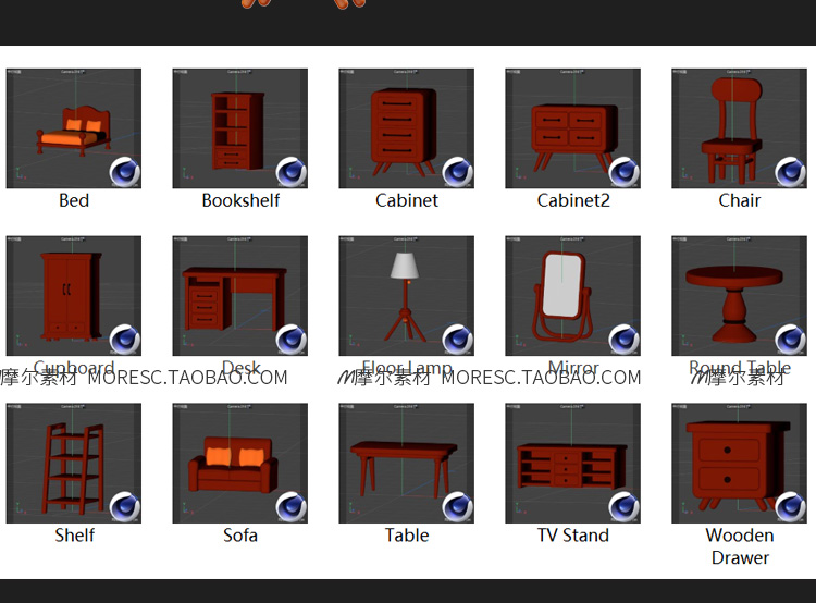图片[5]-blender卡通原木家具C4D沙发书桌床书架衣柜fbx/obj模型素材附png-cg男孩